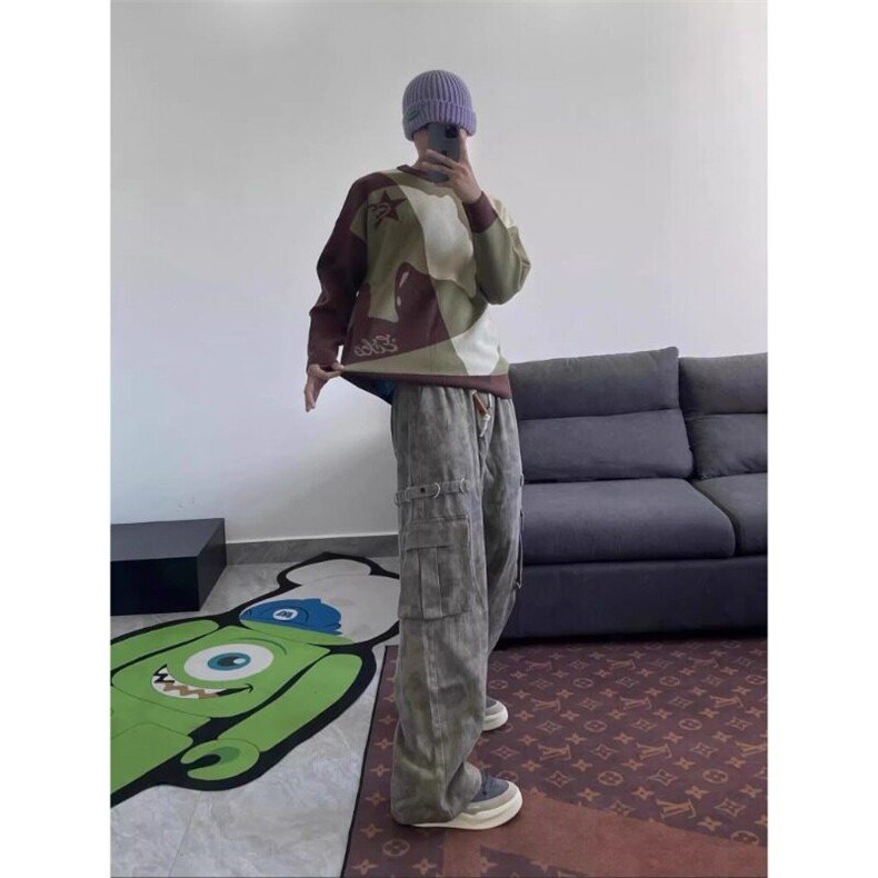 【有货】咖啡色迷彩休闲裤做旧废土风直筒阔腿工装KZ7685特P62,男装休闲裤,星座908-1