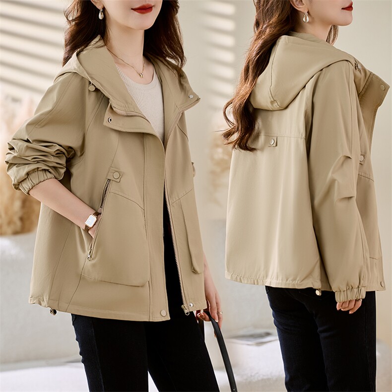 外套女短款宽松2025春秋新款中年妈妈风衣小个子大码连帽长袖上衣，女装短外套，慕咨