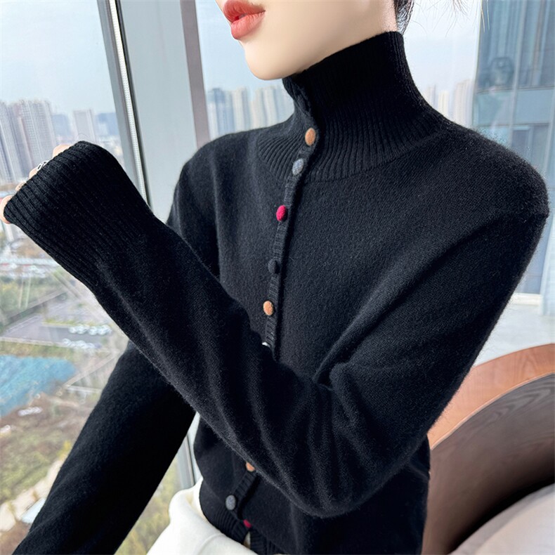 秋冬100%纯羊毛假开衫女高翻领彩扣针织外套毛衣宽松洋气羊绒上衣图片