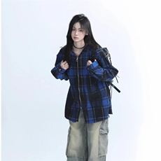 C300-P53美式哥特风蓝格连帽衬衫男女春秋季潮牌高街拉链，男装衬衫，电商B323A