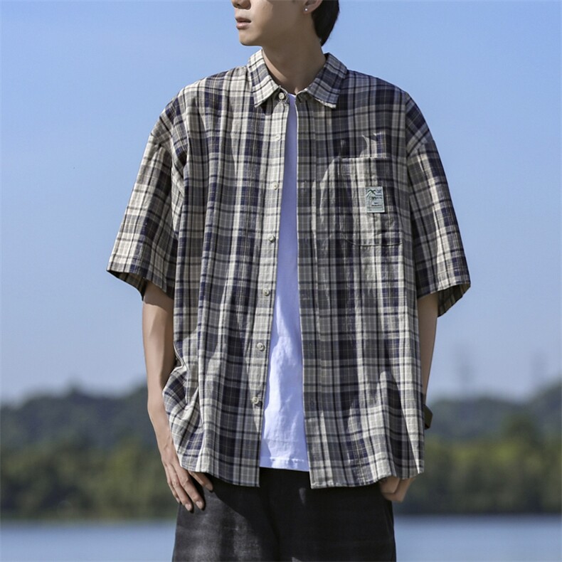 美式复古设计感衬衣夏季新款潮流格子短袖衬衫男 现货 W8230-P38图片