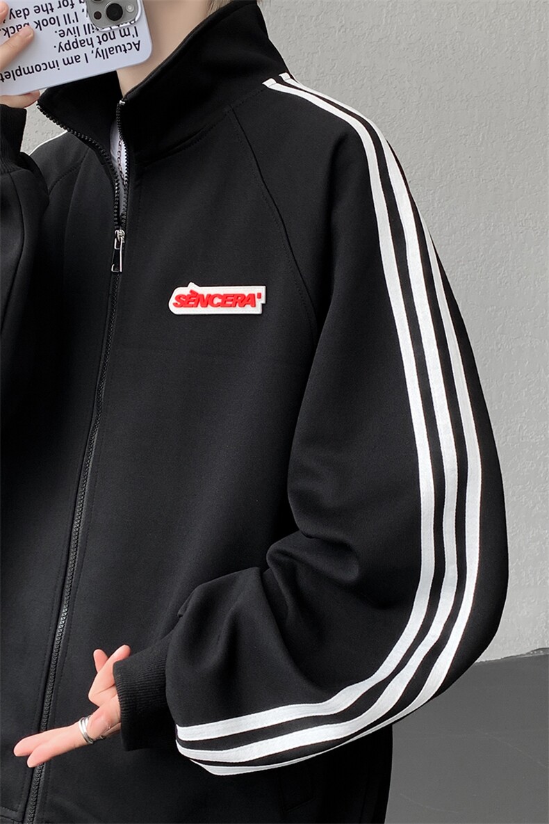 8XL-M条纹撞色开衫新年红卫衣运动套装潮牌运动服校园风TZ114P118,男装休闲套装,电商D206-1
