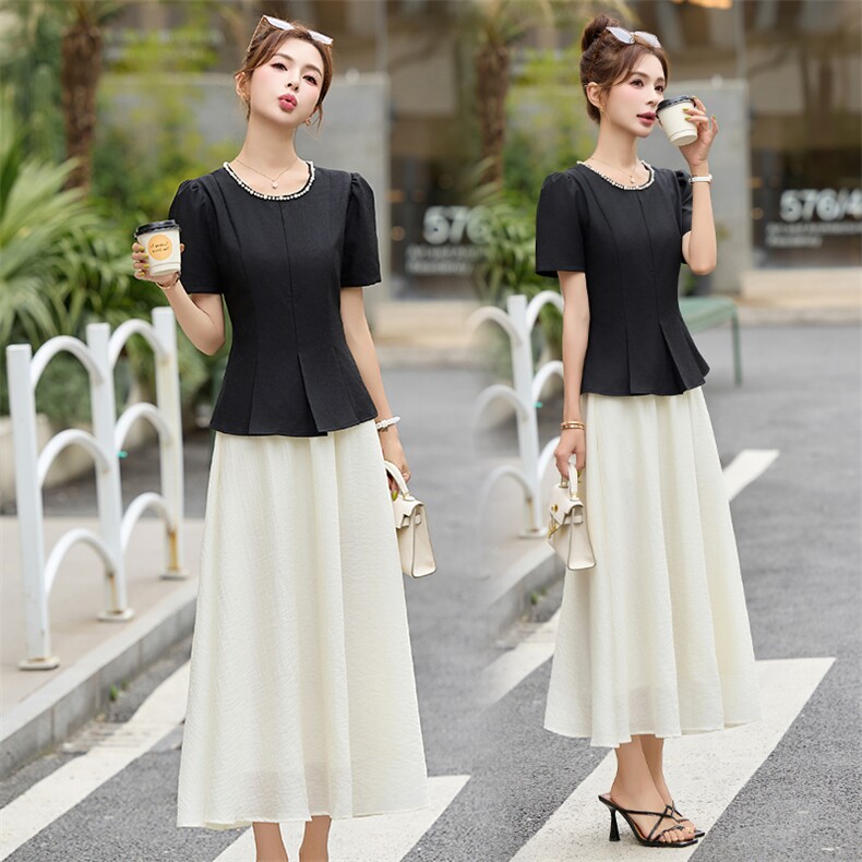 2025夏新款韩版高级感时尚钉珠圆领收腰上衣显瘦半身裙两件套女，女装套装/套裙，布芭啦