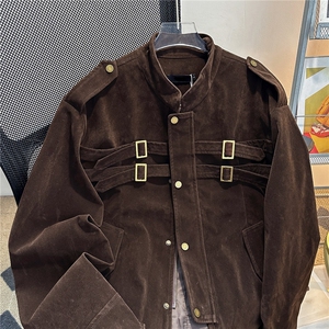 美式复古cleanfit拼接设计仿麂皮夹克男女机车短宽外套W6871-P75图片