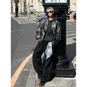 黑色方巾可拆弯刀牛仔裤男美式复古拉链设计感镰刀裤宽松阔腿裤子图片