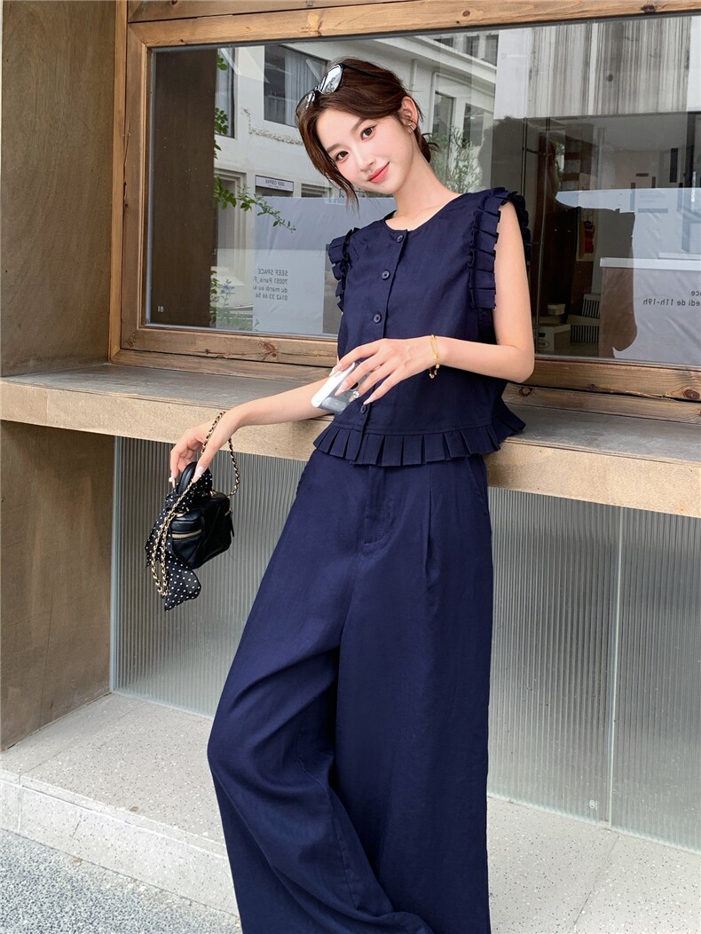 韩系木耳边无袖马甲套装女2025夏季新款气质显瘦百搭阔腿裤两件套,女装套装/套裙,浙宝208A