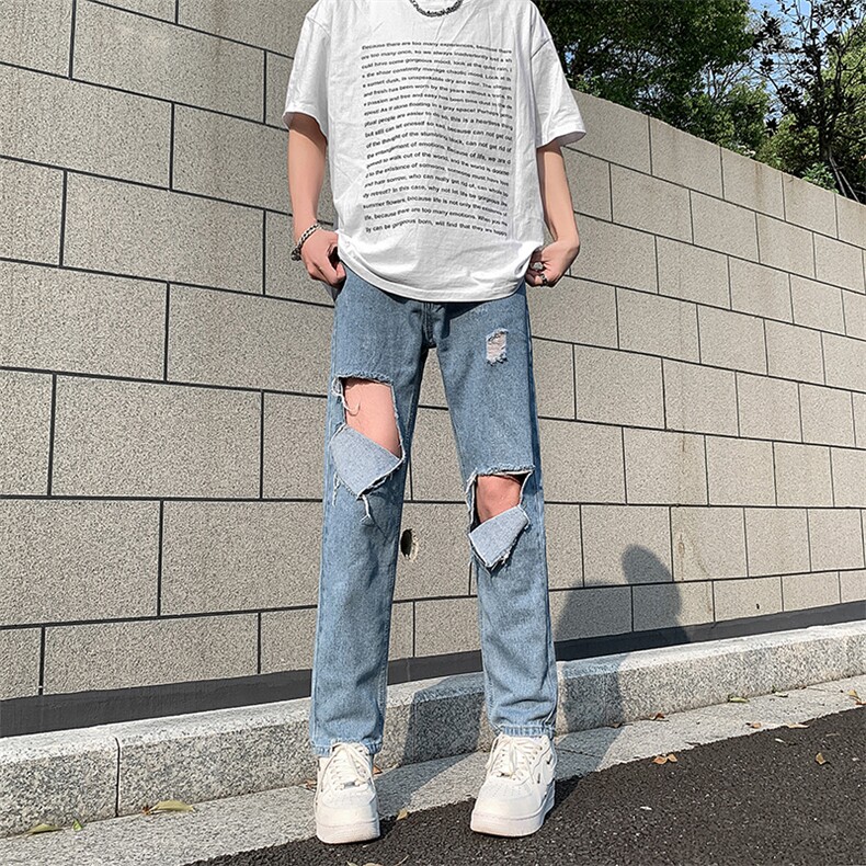 现货夏季破洞毛边五分牛仔裤浅蓝色乞丐中裤K065-K067-P35控58,男装牛仔裤,星座205