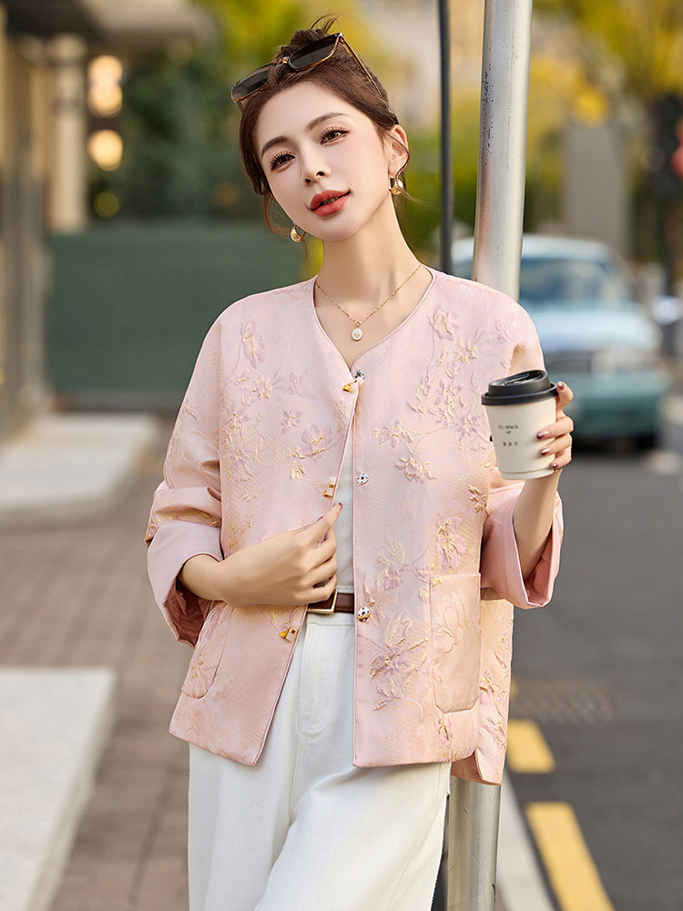 粉色小香风圆领提花外套女2025春季新款今年流行新中式小西服上衣,女装短外套,美沁