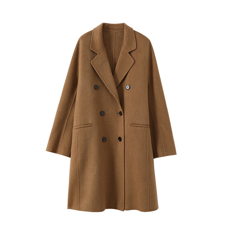 2025年秋季修身型中长款西装领纯色单排扣长袖时尚百搭大衣，女装双面呢大衣，锦驼羊绒