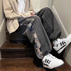 抖音潮小熊拼接水洗牛仔裤男松紧腰束脚裤XK66133-P55，男装牛仔裤，电商A042