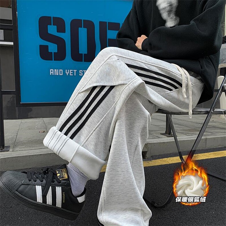 薄款改加绒冬季银狐绒三条杠大码拖地裤男K1990J加绒-特P35控58,男装卫衣,电商A001