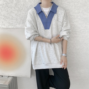 WY10153-特P48 控88 小众撞色面料拼接格子假两件大码男宽松卫衣图片