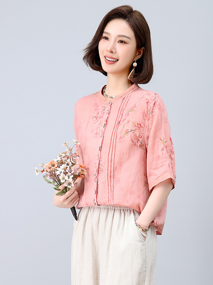 2025夏装新款复古舒适显瘦撞色印花苎麻衬衫轻薄阔腿裤,女装衬衫,凝聚力