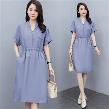 2021夏装新款简约时尚优雅休闲舒适纯色显瘦亚麻连衣裙，女装连衣裙，铭街依杨