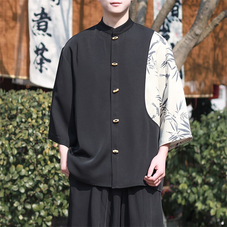 新中式现货2025春夏新款七分袖撞色竹叶T恤衫A021-T2512-P68控88,男装衬衫,电商A021
