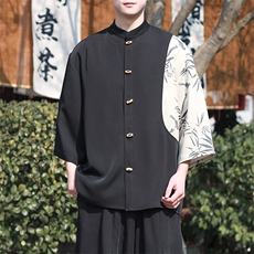新中式现货2025春夏新款七分袖撞色竹叶T恤衫A021-T2512-P68控88，男装衬衫，电商A021