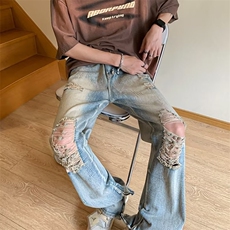 新款辣妹破洞直筒牛仔裤vibe高街潮ins乞丐个性hiphop炸街~N4691，男装牛仔裤，星座601-2
