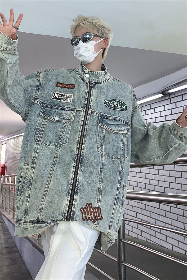 美式复古水洗牛仔外套男秋冬2024新款潮牌宽松休闲刺绣立领机车服,男装工装外套,星座505-2（原电商A260-1)
