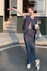 深蓝色复古牛仔套装裙女2025夏季新款小个子减龄马甲半身裙两件套，女装套装/套裙，2C316