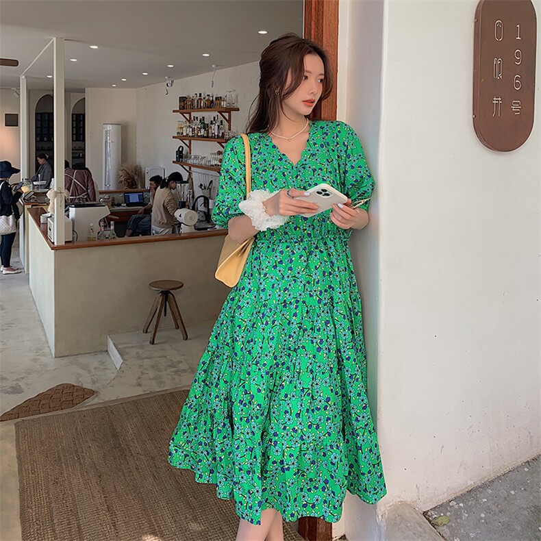 2021新款女装简约A字裙中长款连衣裙V领,女装连衣裙,阿菲诺依