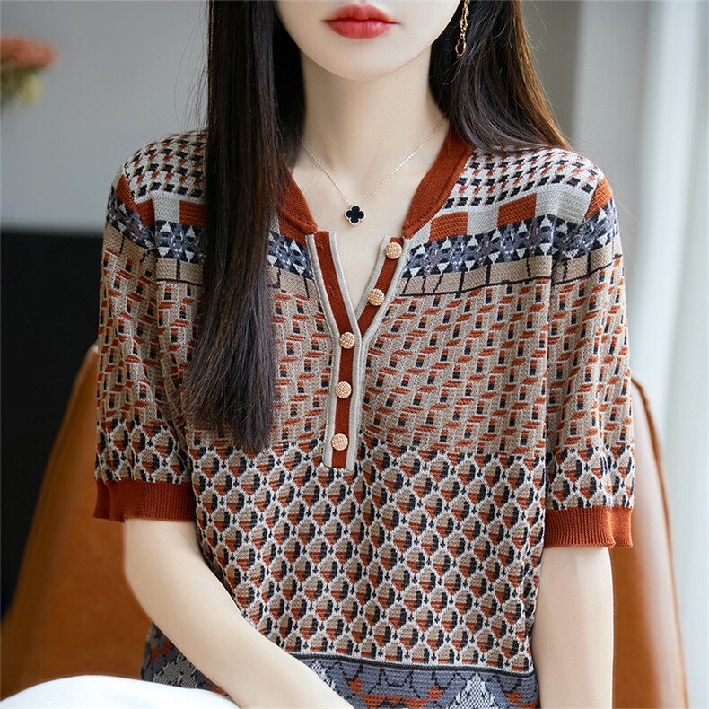 莱赛尔针织提花短袖T恤女2025夏薄透气宽松显瘦半袖上衣小衫t恤衫,女装T恤,唐诺