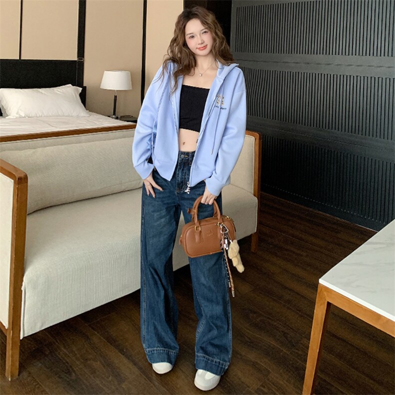 女连帽拉链卫衣阔腿牛仔裤设计感两件套,女装套装/套裙,江南
