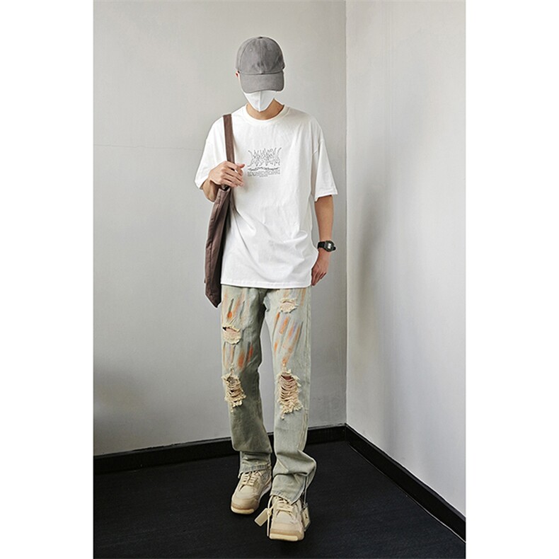 B221美式ins高街暗黑小众拉链喷墨破洞牛仔裤LK23085-P65控88,男装牛仔裤,电商B221