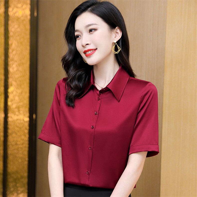 纯色真丝衬衫女短袖开衫红色衬衣夏季中年妈妈半袖桑蚕丝上衣衬衣,女装衬衫,阿舍尔精品