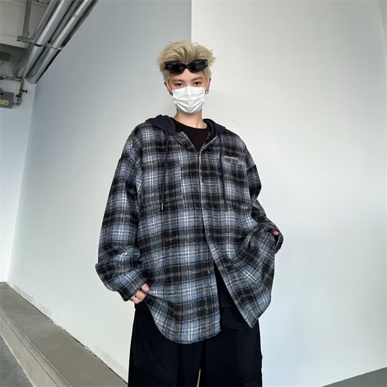 格子连帽长袖衬衫2024美式复古潮牌宽松呢料衬衣外套,男装衬衫,星座716-2