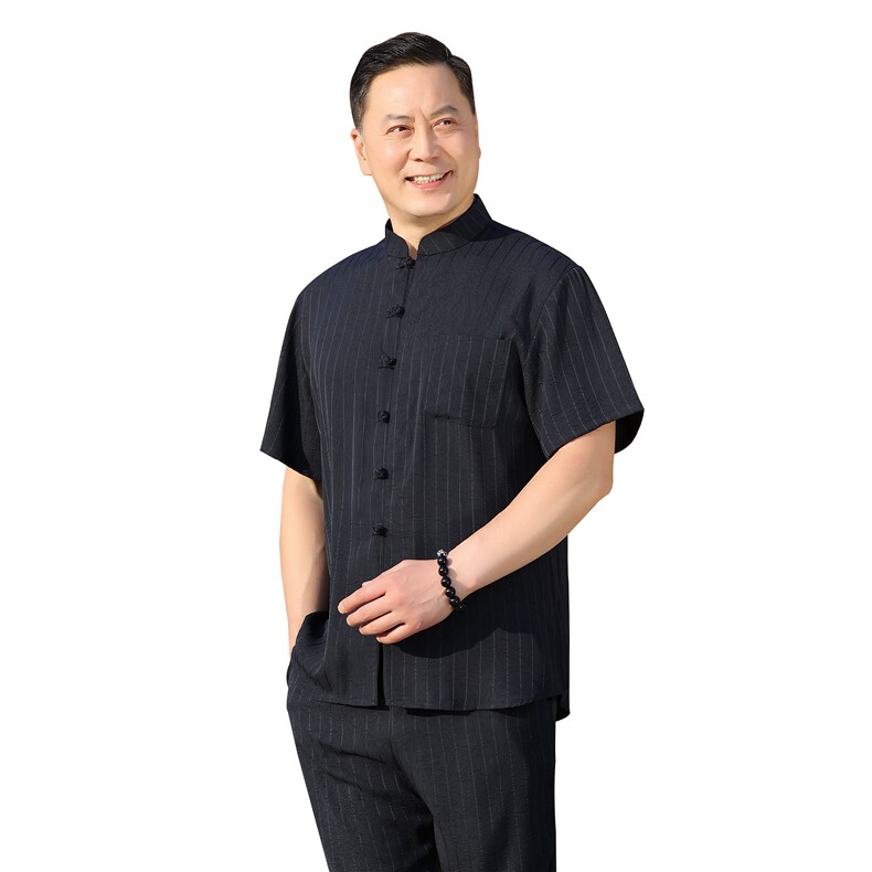 中老年风唐装夏季短袖衬衫套装男士唐装中式盘扣短袖T恤,男装民族服装,钱塘723