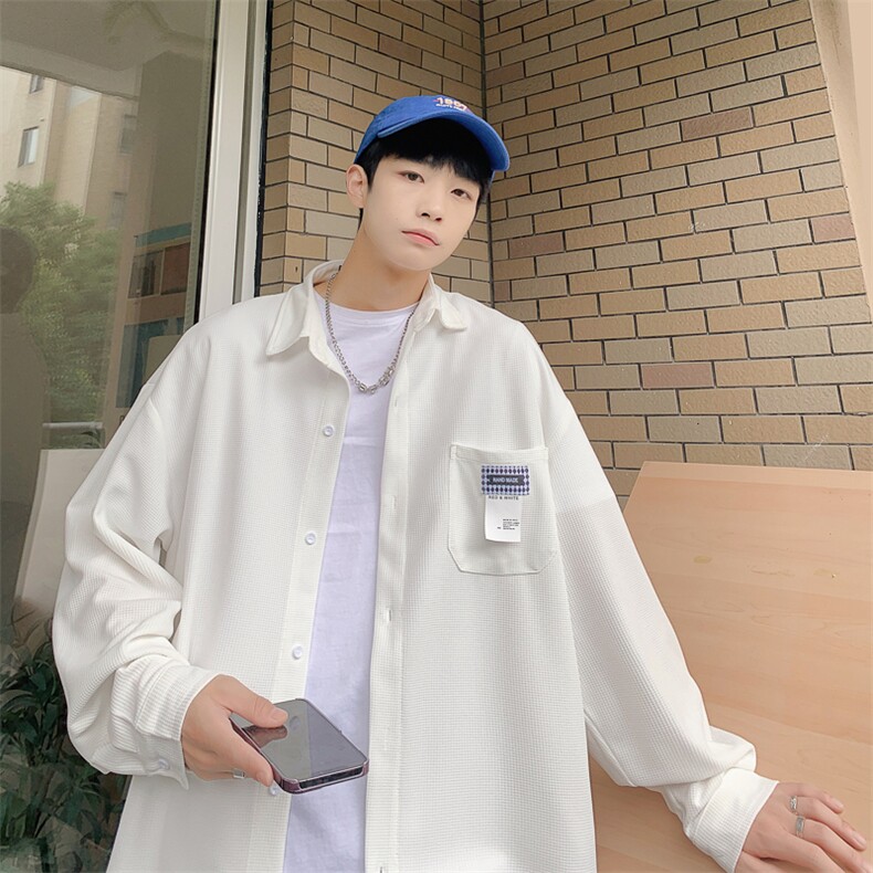 2026春夏装新款宽松贴标华夫格长袖衬衫男CS9966/特P28白色,男装衬衫,电商A094