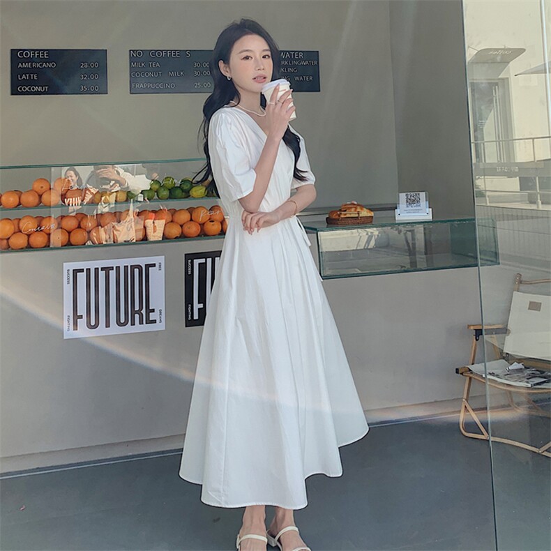 2023夏季新款法式复古简约V领收腰显瘦泡泡袖纯色中长款连衣裙女,女装连衣裙,一九零