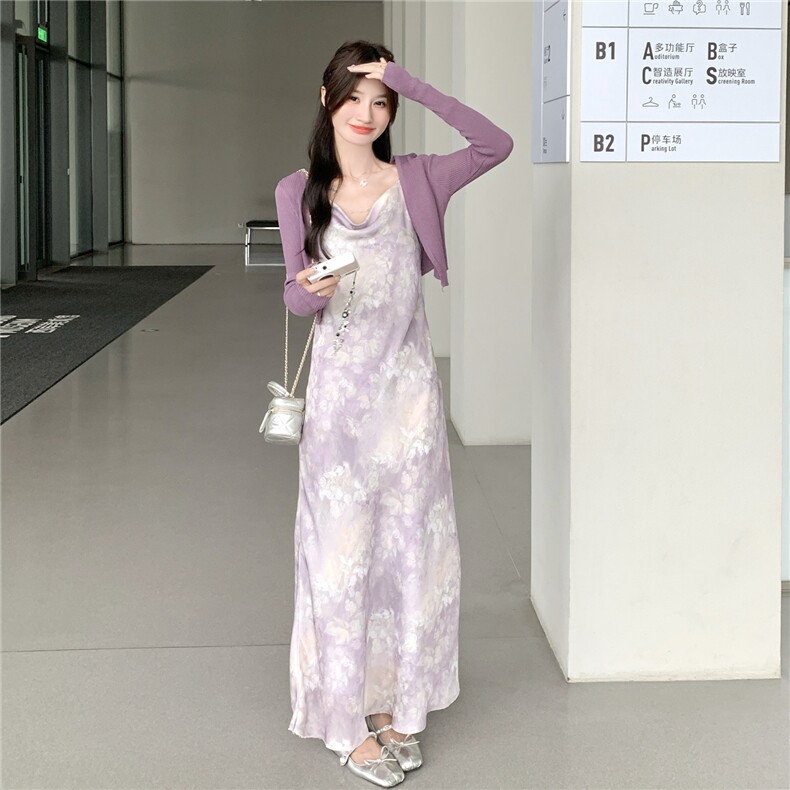 绝美气质感穿搭碎花吊带连衣裙配针织开衫女春秋超火好看长裙套装,女装连衣裙,维壹