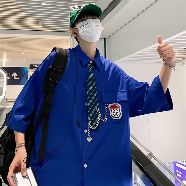 春季新款衬衫配领带日系潮流青春原宿ins七分袖衬衣男 W7271-P36图片