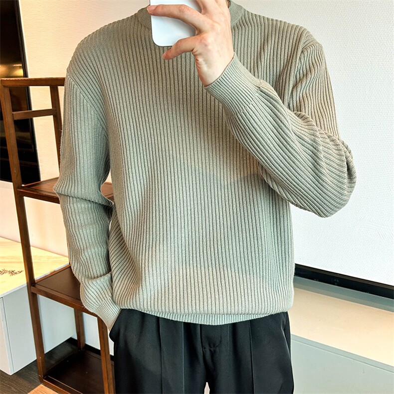 浅绿色条纹男毛衣针织衫圆领条纹打底衫 MY6004-P47图片