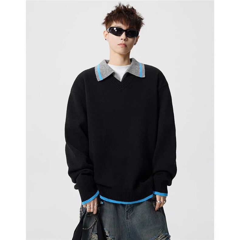 HR0910-P58撞色Polo翻领毛衣男女春秋冬宽松休闲打底针织衫线衣，男装T恤，电商C233