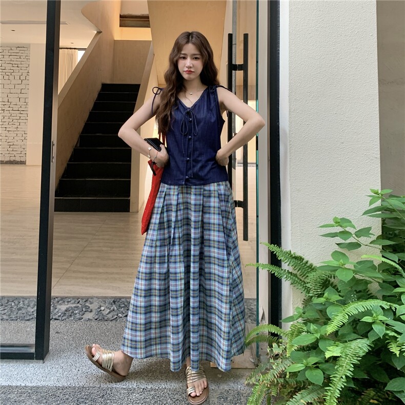 韩系休闲套装女夏2025新款V领衬衫格纹半身裙两件套减龄文艺穿搭,女装套装/套裙,2D045