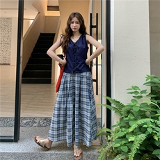 韩系休闲套装女夏2025新款V领衬衫格纹半身裙两件套减龄文艺穿搭，女装套装/套裙，2D045