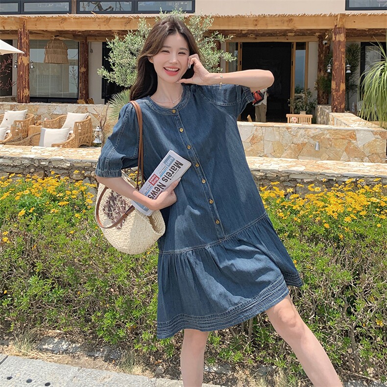 复古宽松薄款夏天牛仔裙连衣裙2025新款女减龄休闲大码中长裙子潮,女装连衣裙,钱塘布衣