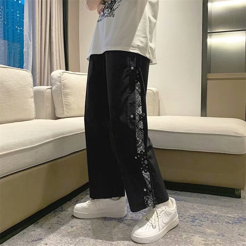 排扣裤子男潮牌直筒潮流宽松痞帅高街阔腿腰果花休闲裤K6366-p35,男装休闲裤,星座1008-1