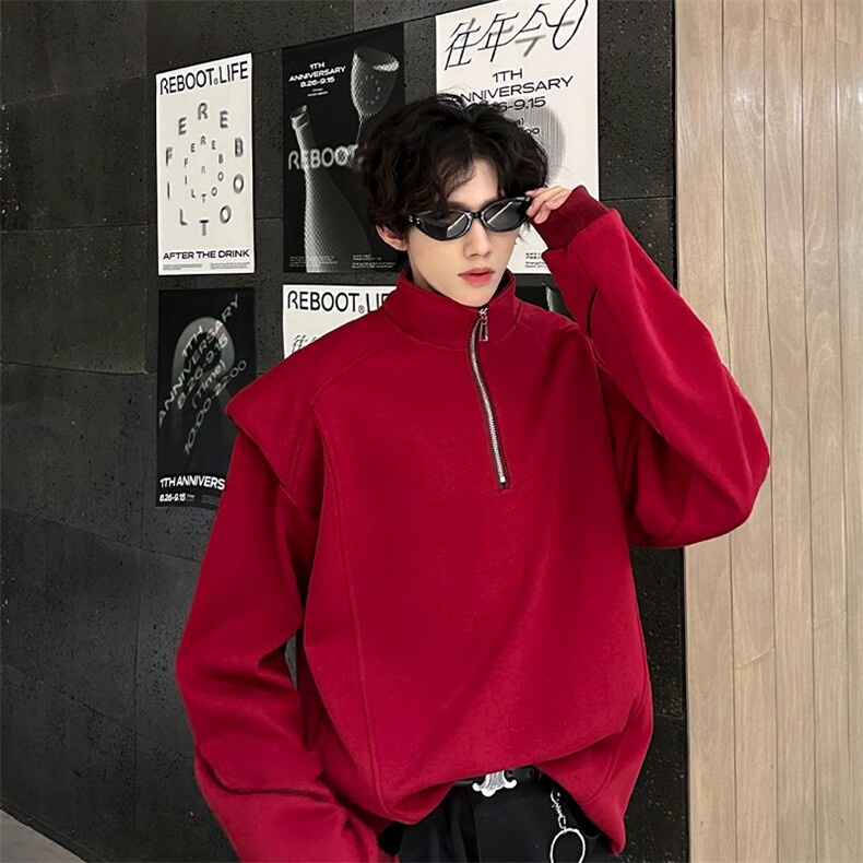 秋冬季半高领拉链垫肩款潮流美式高品质卫衣 常规p75加绒P85图片