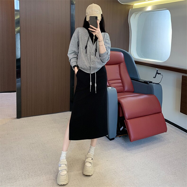 高级感时尚女秋季连帽卫衣收腰开叉半身裙两件套,女装套装/套裙,江南