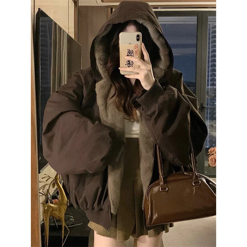 网图自制美式连帽座山雕皮衣外套男女加绒兔毛棉衣夹克A1107-P90,男装夹克,星座1505