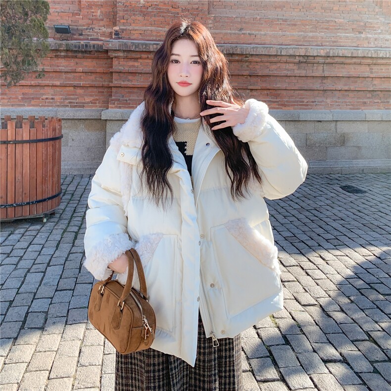 白色羊羔毛拼接羽绒服女2025冬季新款中长款加厚保暖外套小个子,女装羽绒服,2C259