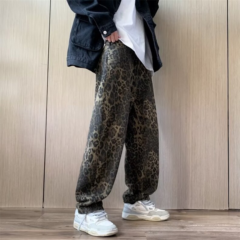 垂感豹纹牛仔裤男款潮牌欧美hiphop裤子宽松直筒阔腿长裤 K8924图片