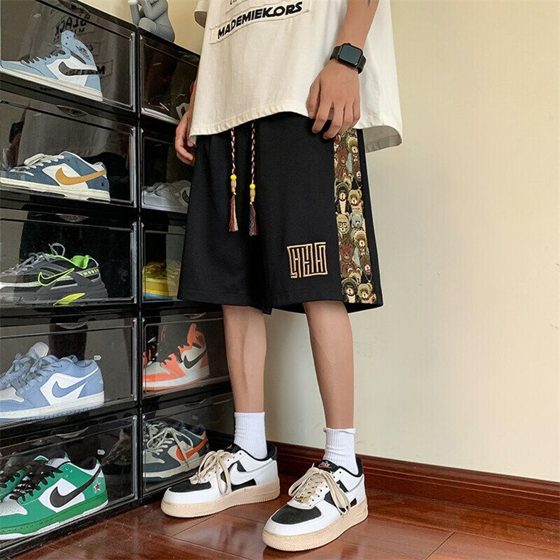 休闲中国风短裤男夏季直筒新款小熊刺绣抽绳高街五分裤子国潮男装，男装休闲裤，电商A022