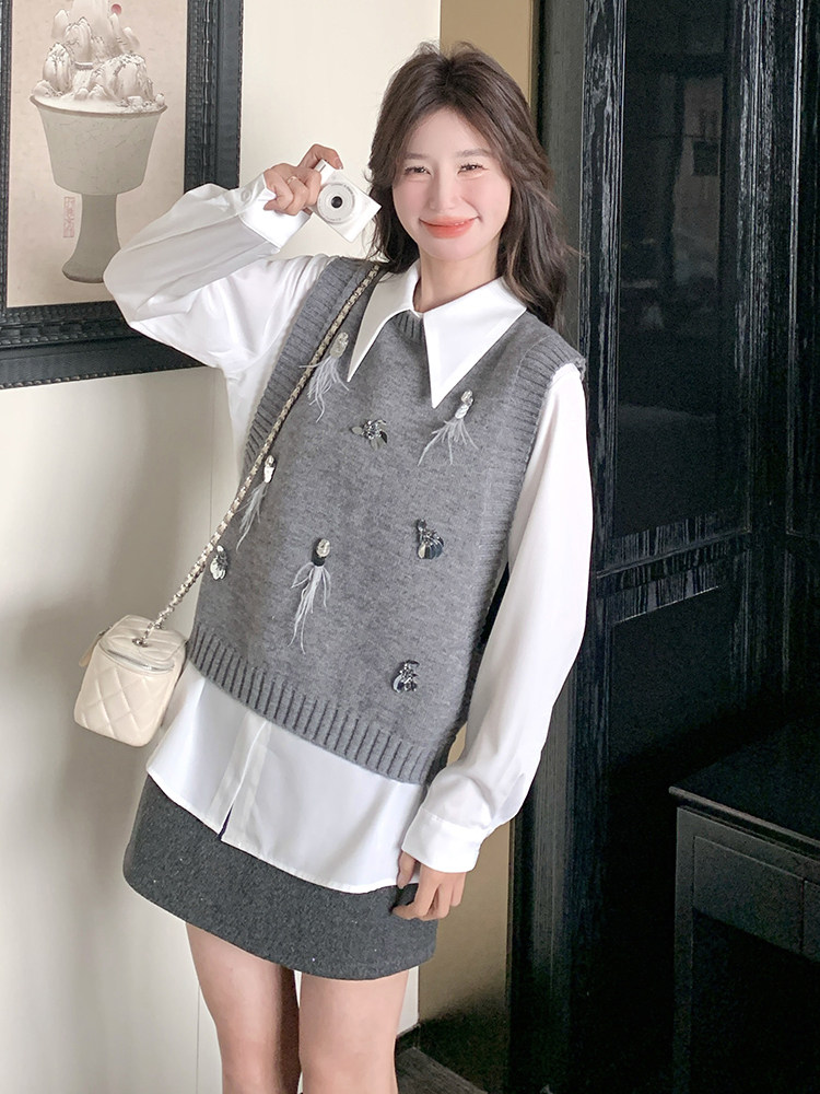 学院风复古减龄衬衫上衣马甲套装女2025春秋新款高级感时尚两件套,女装马甲,维壹
