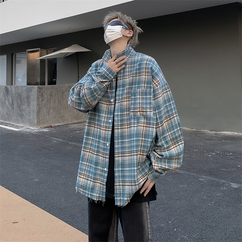 S1111-P45美式复古格子潮牌长袖衬衫图片