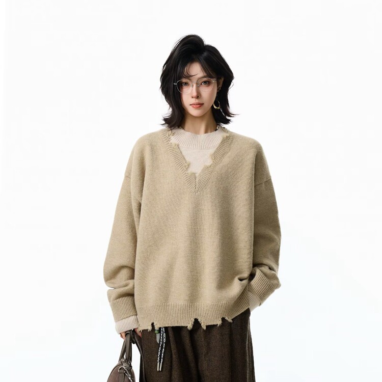 深灰慵懒破裁毛衣女装2025百搭宽松简约V领毛衫尤缇时尚秋季新款,男装针织衫/毛衣,星座218-8