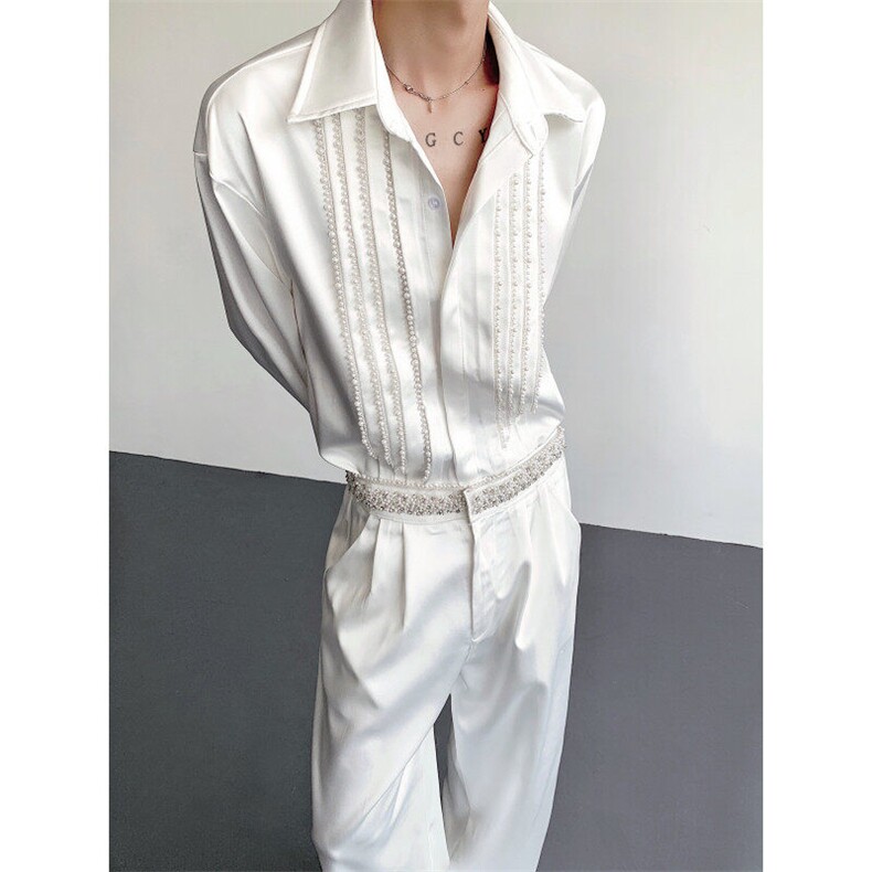 现货25设计感轻奢珍珠醋酸丝滑亮面男士衬衫cs175-p108，男装衬衫，电商B288